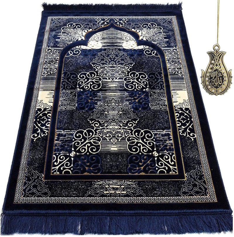 Modefa Prayer Mat | Turkish Velvet Muslim Prayer Rug Muslim Prayer Mat Islam | Soft Beautiful Prayer Rug Janamaz Sajjadah with Car Hanger | Classic Elegant Swirl (Navy Blue) - Image 1